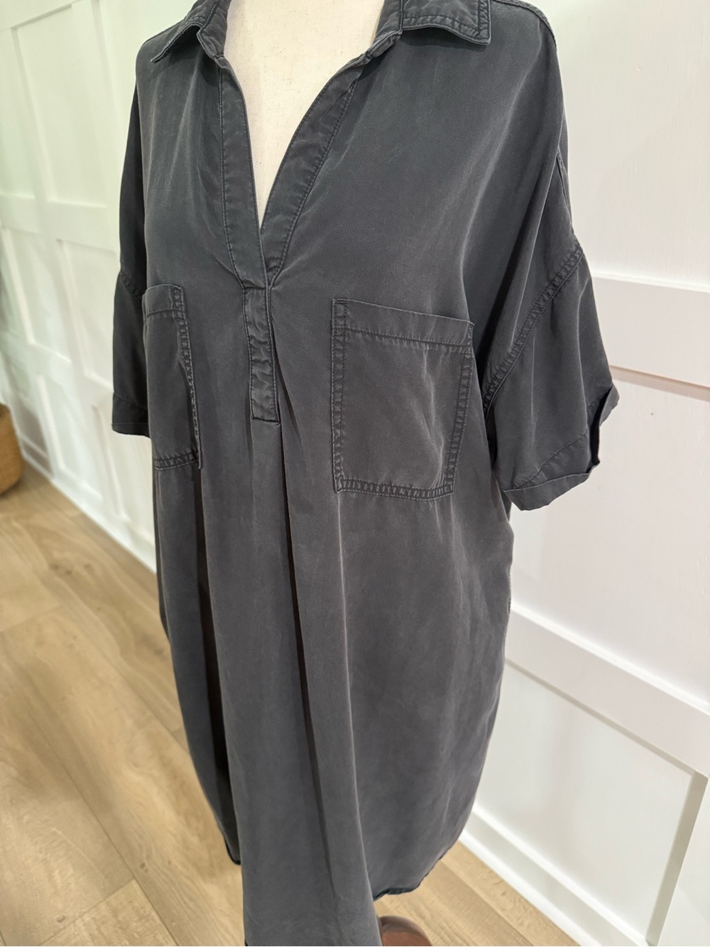 Washed Black Lyocell Shirt Dress XL Knee Length Pockets - Picture 2 of 4